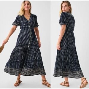 Faherty Orinda‎ Maxi Dress M Blue Boho Tiered Cottagecore Festival Button Front